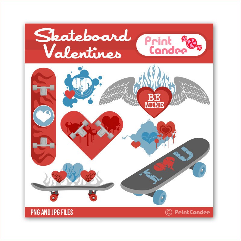 Skateboard Valentines Digital Clip Art Personal and