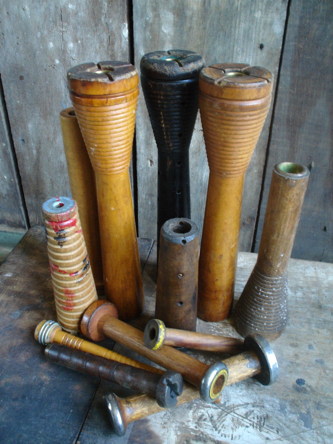 12 Antique Industrial Wood Spool and Bobbins