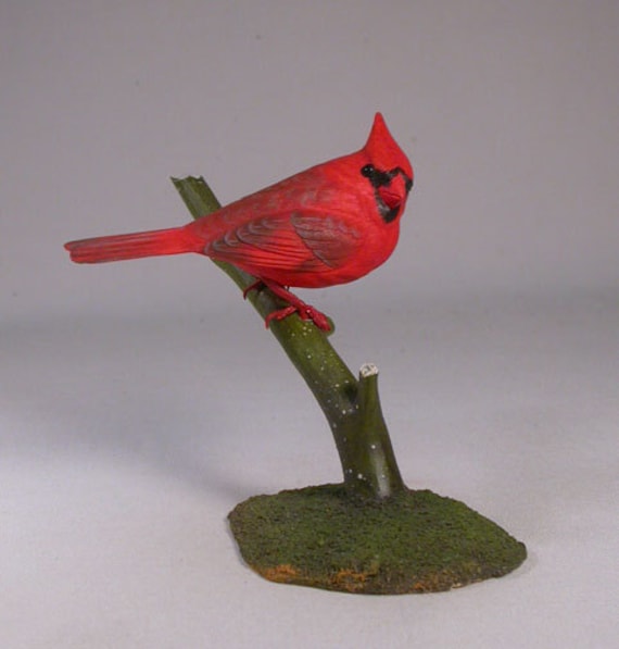 4-1/2 inch Male Cardinal Hand Carved Wooden Branch Bird