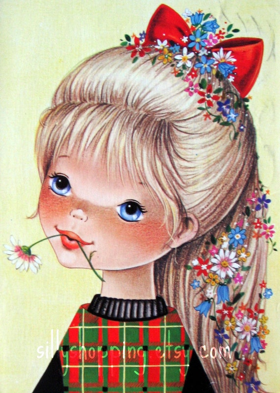 Vintage 70s Big Eyed Girl Postcard