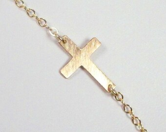 Tiny Sideways Cross Necklace, BRUSHED Finish 14kt Gold Filled, Taylor Jacobson