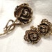 Vintage Goldette Brooch Earrings Antiqued Gold Rose with Rhinestone Accents
