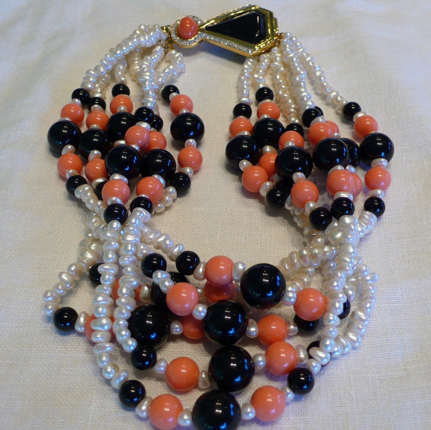 Vintage Necklace Kenneth Lane Faux Pearl Onxy and Coral
