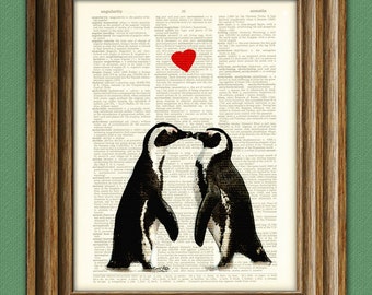 Penguin Art Print Romantic PENGUIN COUPLE in love with heart altered art dictionary page illustration book print