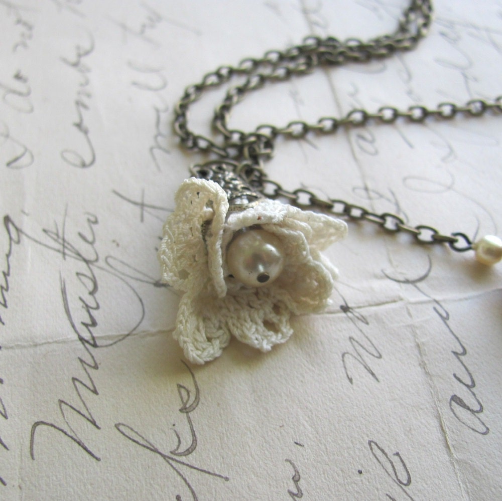 Little Leather Pouch Necklace with Lace Flower and by vickisheehan