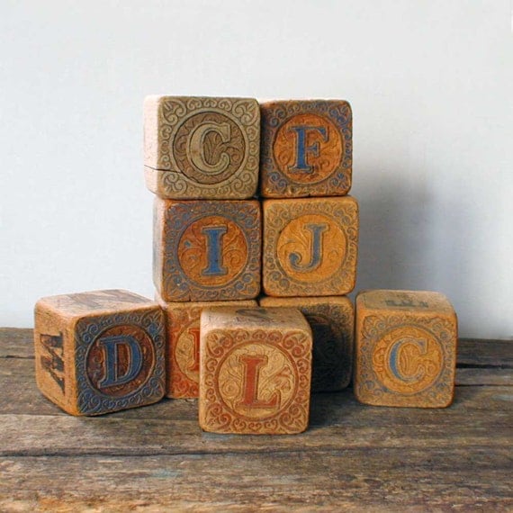Nine Victorian Solid Wood Alphabet Blocks