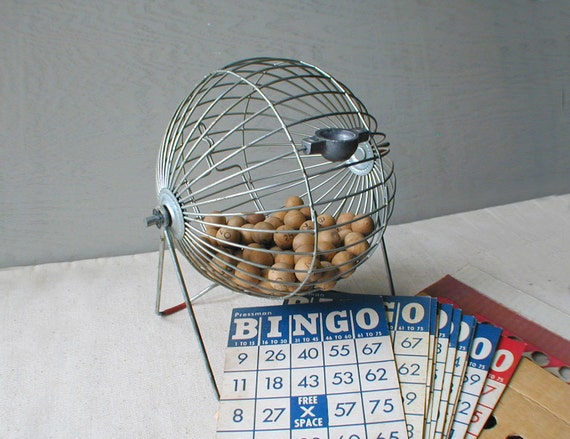 Vintage Metal Bingo Cage Balls and Cards by thelostrooms on Etsy