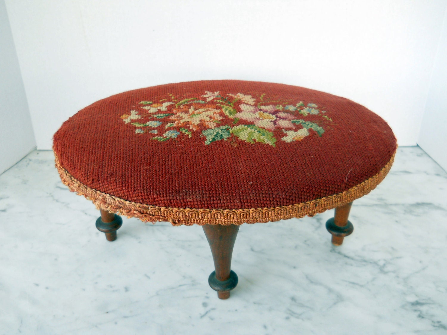 Early 1900s Needlepoint Footstool // Petite Oval Floral Motif