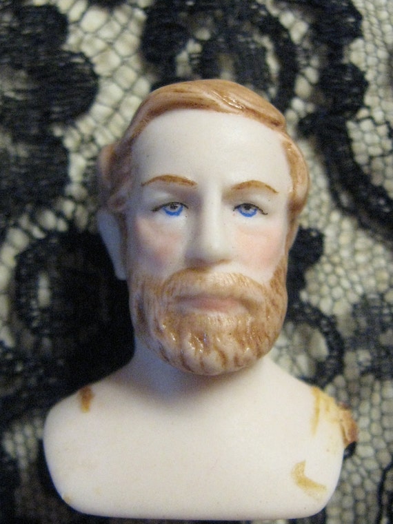 MINIATURE DOLL Shoulder Head Doll Bisque Handpainted Features Blue Eyes Brown Hair Mature Man From MOJEART