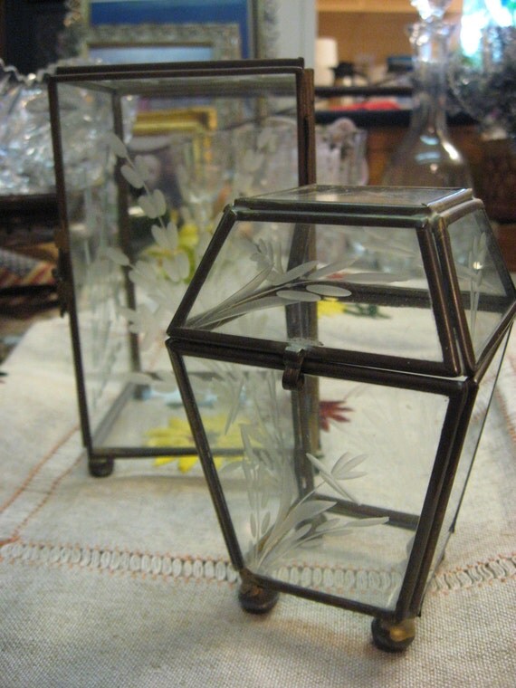 Vintage Etched Glass Shadow Box Display Lovely Pair Footed