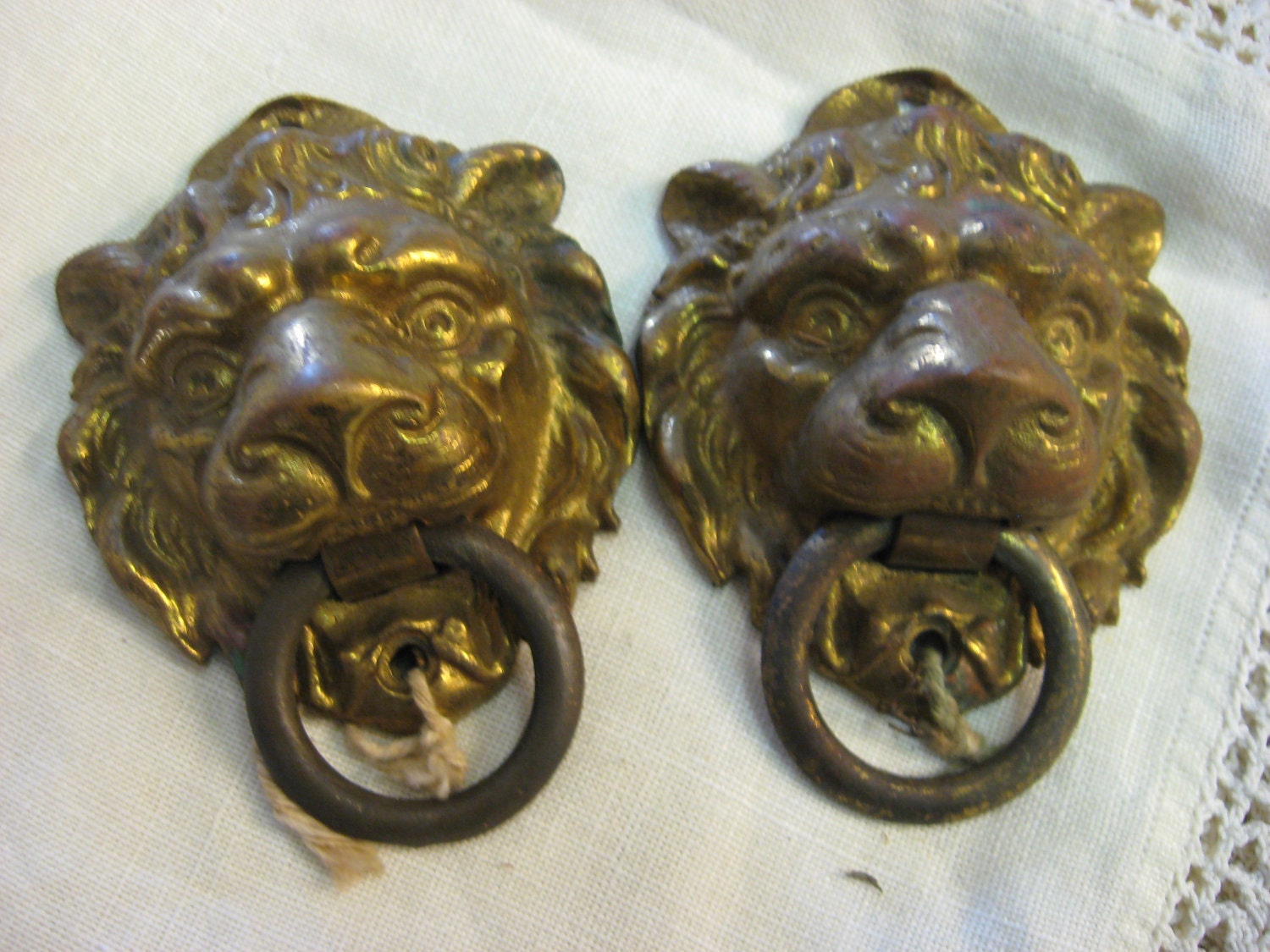 Pair Vintage LION HEAD Solid Brass Pulls Ornate 4.5 x