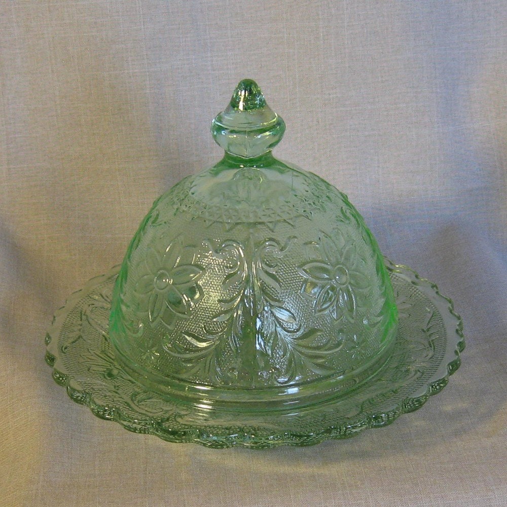 vintage chantilly green glass butter dish by tiara glass co.