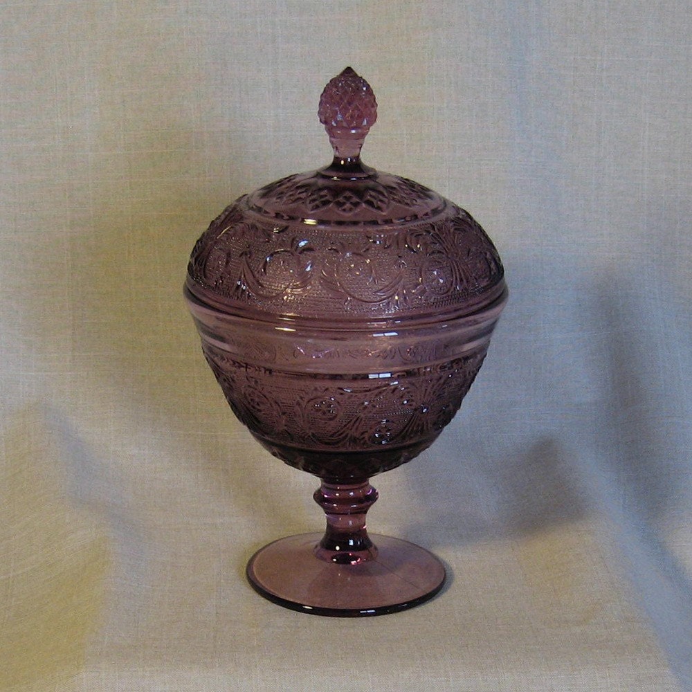 vintage plum or amethyst purple glass covered candy dish by