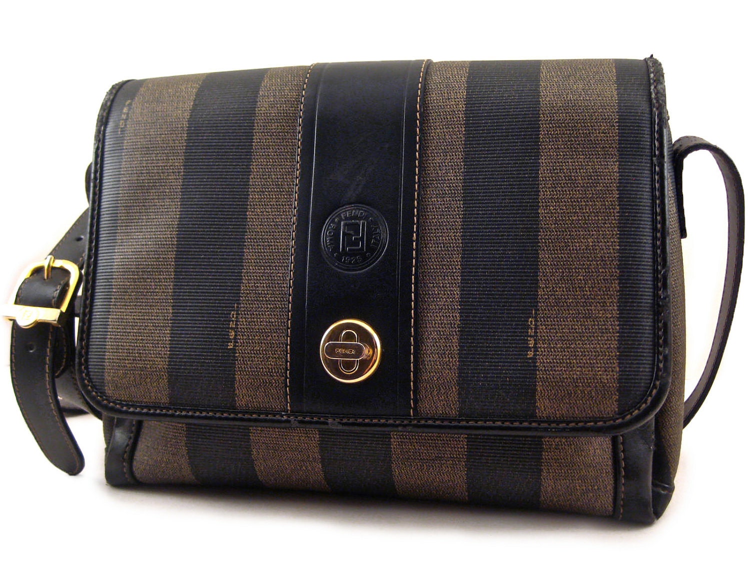 Authentic Vintage Fendi Striped Vinyl And Leather Shoulder Bag 