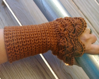 Arm warmers Fingerless Gloves in Copper Brown Hand Crocheted