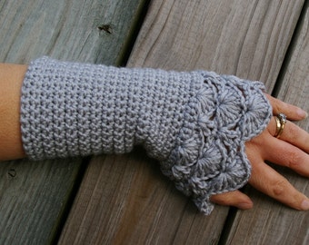 Crochet Arm Warmers Fingerless Gloves in Silver Grey