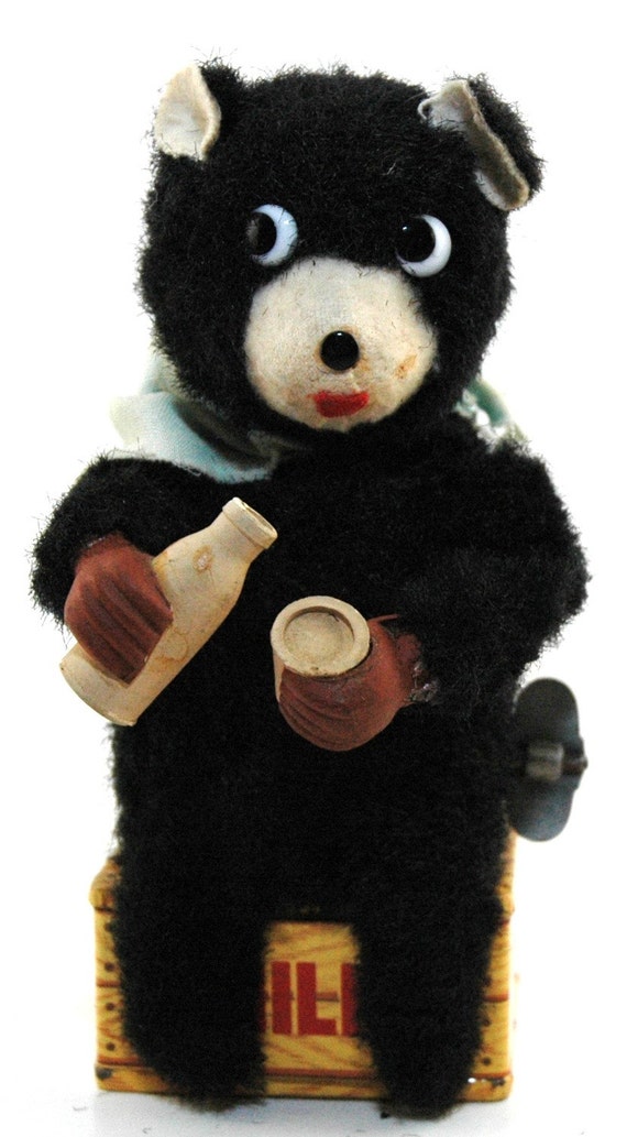 Vintage WindUp Tin Litho Hungry Cub Toy Bear Drinking Milk