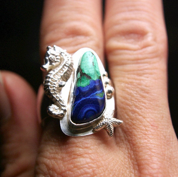 Sterling Silver Seahorse Ring Bisbee Azurite and Malachite