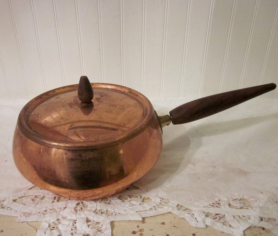 vintage Copper Pot and Lid Wood Handle and Knob by stellabystar