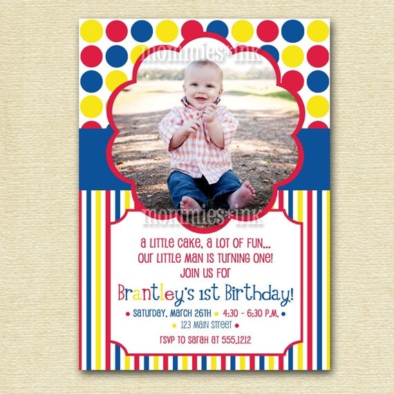 Primary Colors Dots and Stripes Photo Birthday Invite - PRINTABLE INVITATION DESIGN Il_570xn