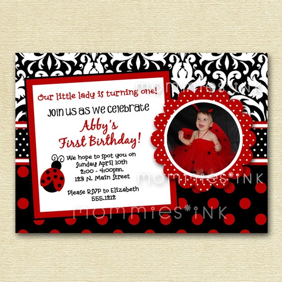 Mod Dotty Damask Ladybug - Custom Photo Birthday Invitation - PRINTABLE INVITATION DESIGN Il_570xn