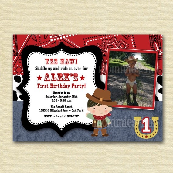 Little Cowboy Western Theme Photo Birthday Invitation - PRINTABLE INVITATION DESIGN Il_570xn
