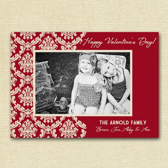 Simple Red Damask Valentine Photo Card - Printable Photo Card Design Il_570xn