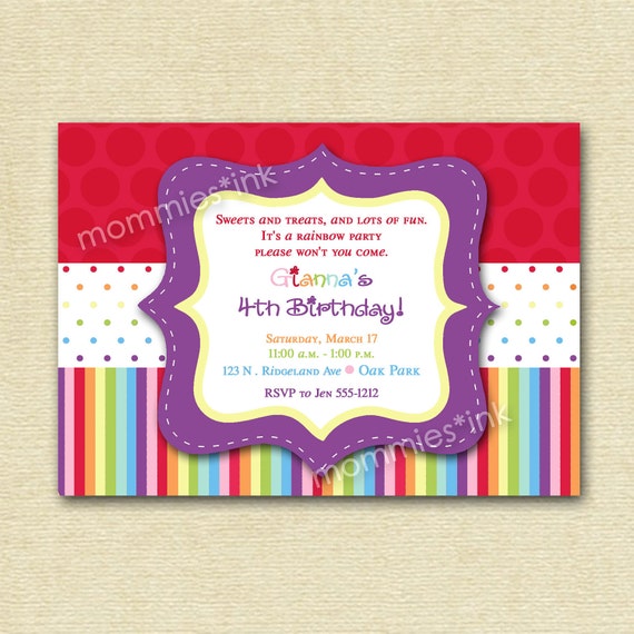 Rainbow Dots and Stripes Birthday Invite - PRINTABLE INVITATION DESIGN Il_570xn