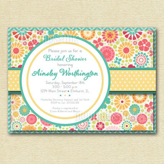 Shabby Chic Bright Colorful Flowers and Polka Dots Bridal Shower Invite - PRINTABLE INVITATION DESIGN Il_570xn