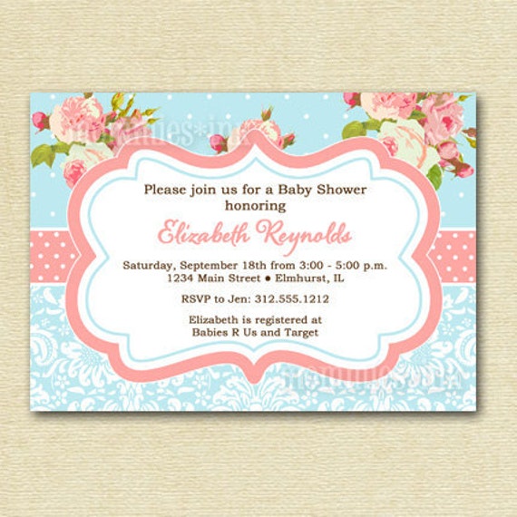 Shabby Chic Pink Roses and Light Blue Polka Dots Baby Shower Invite - PRINTABLE INVITATION DESIGN Il_570xn