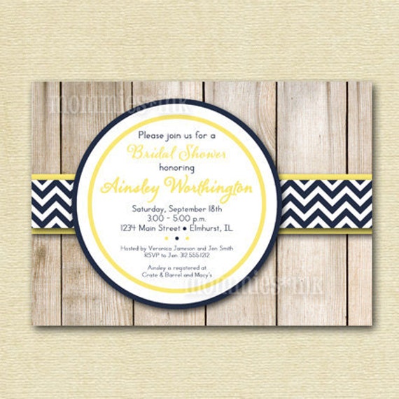Wood Grain Fence with Chevron Accent Bridal Shower Invite - Navy Blue and Yellow - PRINTABLE INVITATION DESIGN Il_570xn