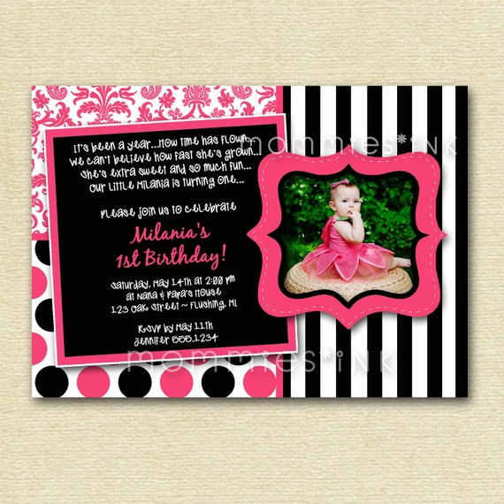 Hot Pink and Black Kaledioscope Custom Photo Birthday Invitation - Damask - Polka Dots - Stripes - PRINTABLE INVITATION DESIGN Il_570xn