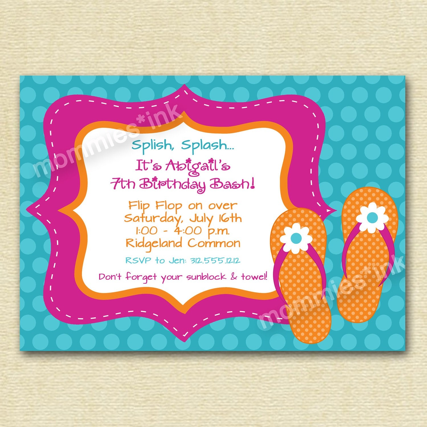 Flip Flop Pool Party Birthday Invitation Pool Party by MommiesInk