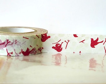 Japanese Washi Tape - RED Bird Tree, Leaves, Fall Pattern Masking Tape 15mm