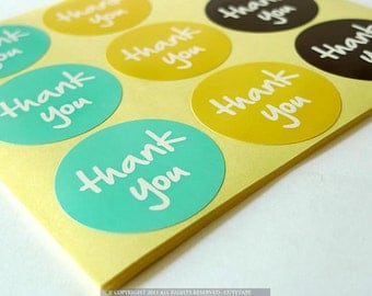 Favor Thank You Stickers 90 ROUND Thank You Labels Stickers Turquoise, Yellow, Brown
