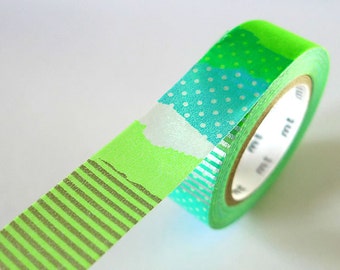 Bright Green PATCH Collage Washi Tape 15mm Japanese MT Masking Tape - PrettyTape Packaging