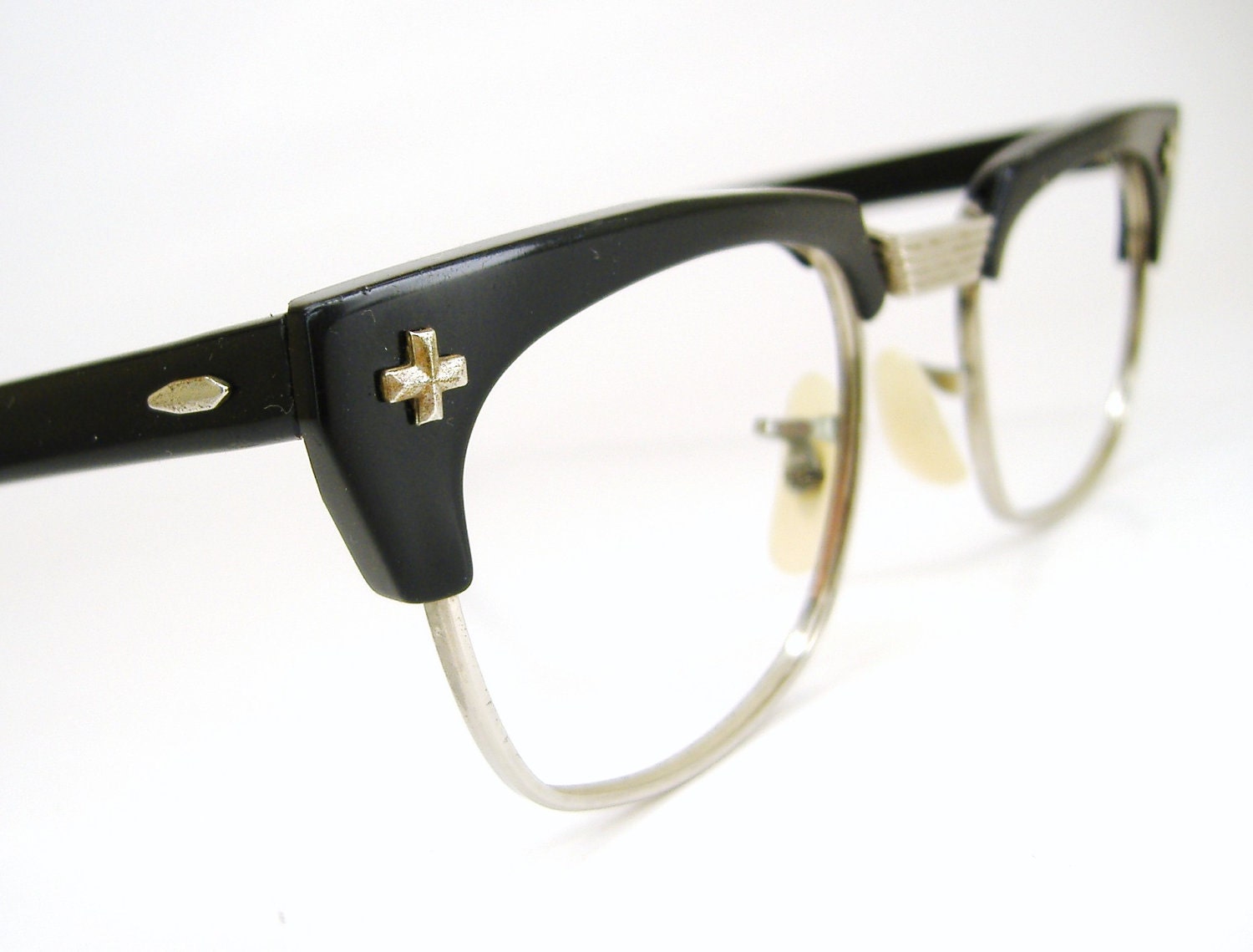 Vintage 1960s 1970s Black Horn Rim Eyeglasses Safety Frames