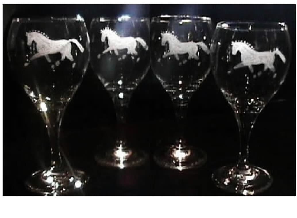 SET of 4 Wine Glasses HAND ETCHED with Braided Dressage Horse