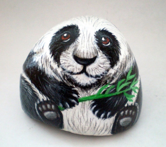 Painted Rock Panda with Bamboo Holidays Christmas Gift Under