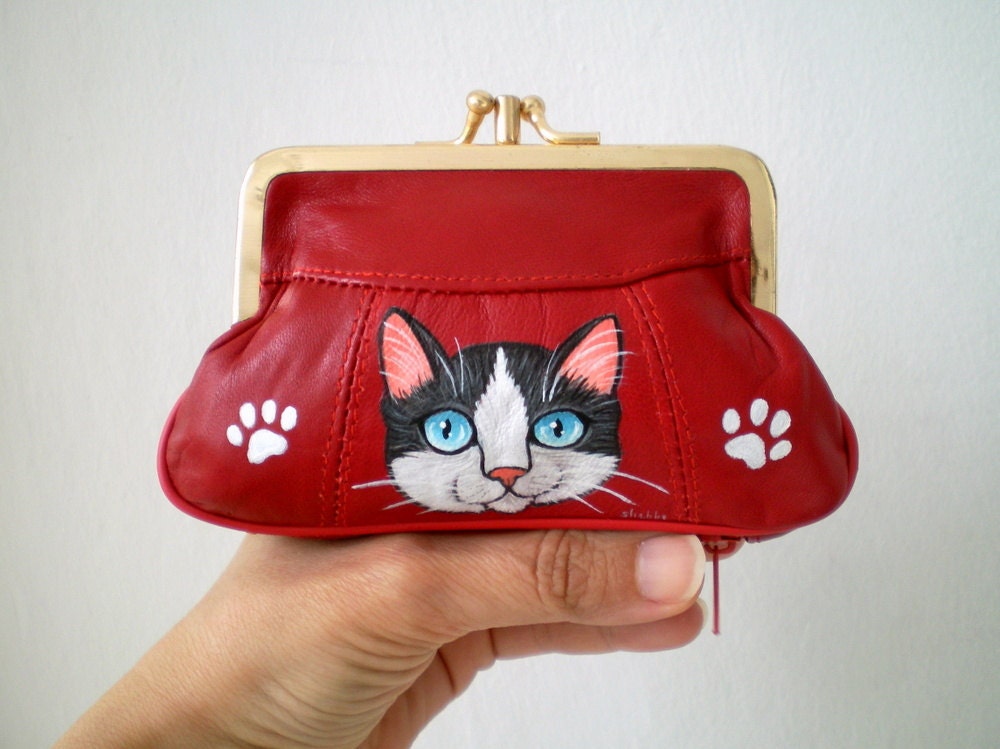 RESERVED for PARICHARD Red Leather Cat Purse by ShebboDesign