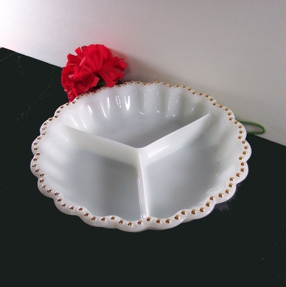MILK GLASS 3Section Serving Dish. Gold Beads on Rim. Vintage