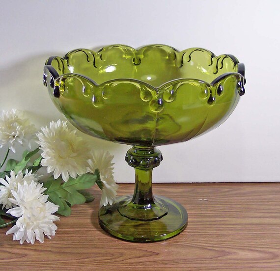 Avocado Green Glass Compote / Pedestal Bowl / Footed