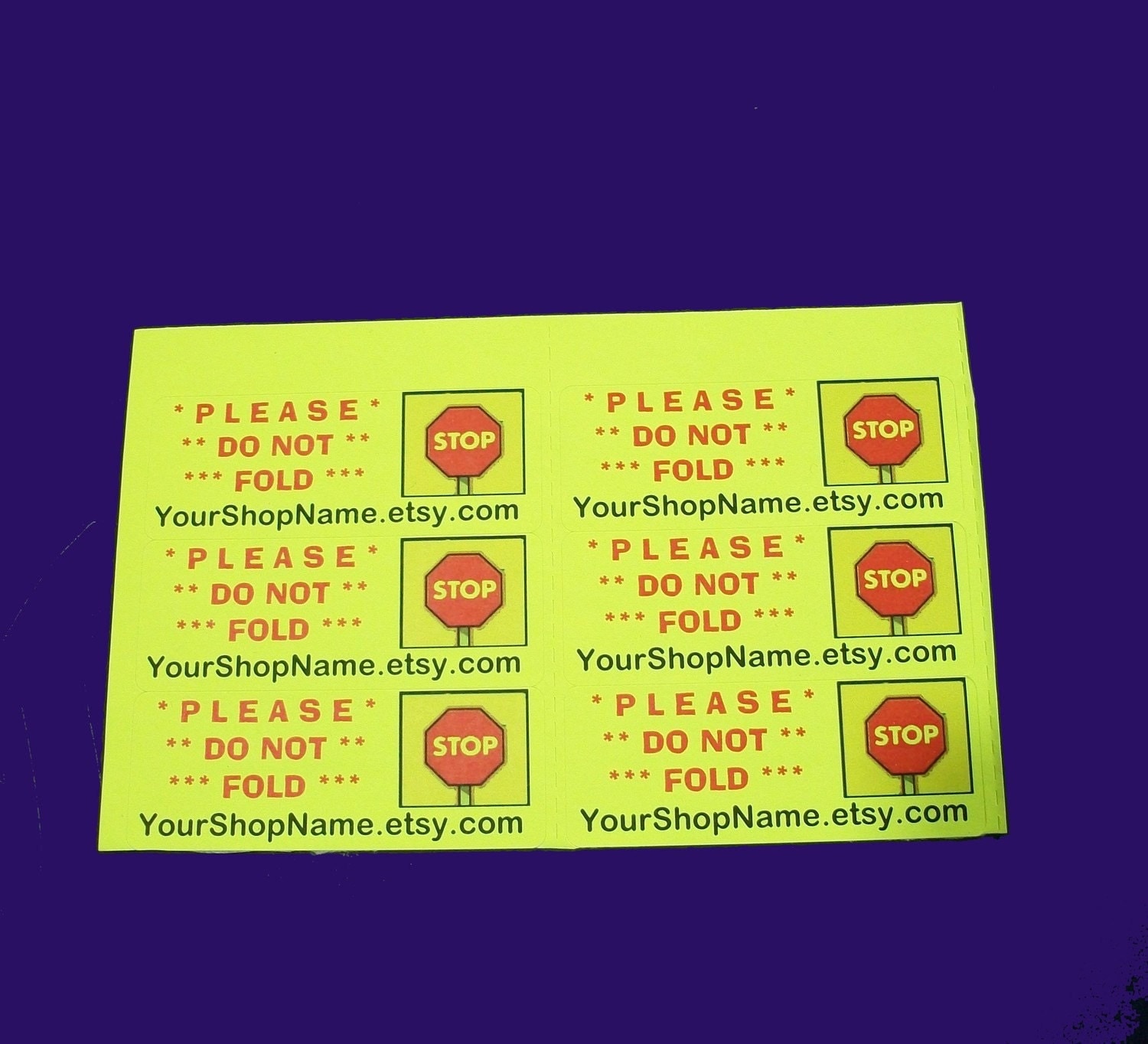 30 DO NOT FOLD Neon Yellow Labels. Personalized With Your Shop
