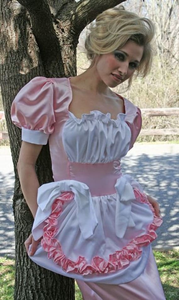 Satin Sissy Swiss Maid Dress Pink And White Long Floor Length 0429