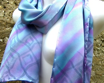 Hand Painted Silk Scarf Pastel Satin Light Blue Purple Grey Stripes And Squares