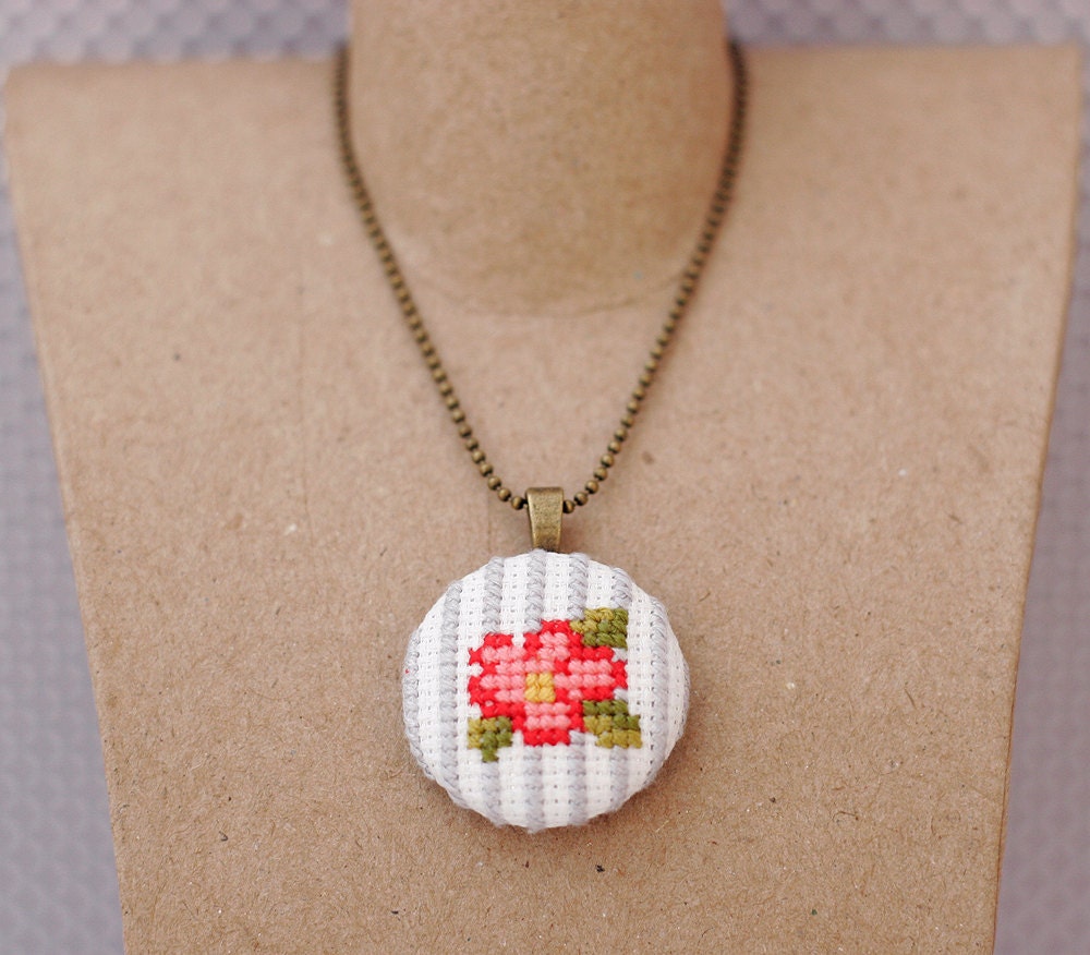 Floral Cross Stitch Pendant Necklace