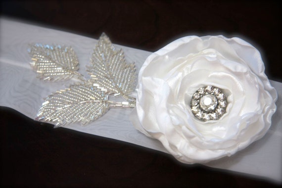 Items similar to Bridal Sash Vintage Rhinestone, White Satin Flower ...