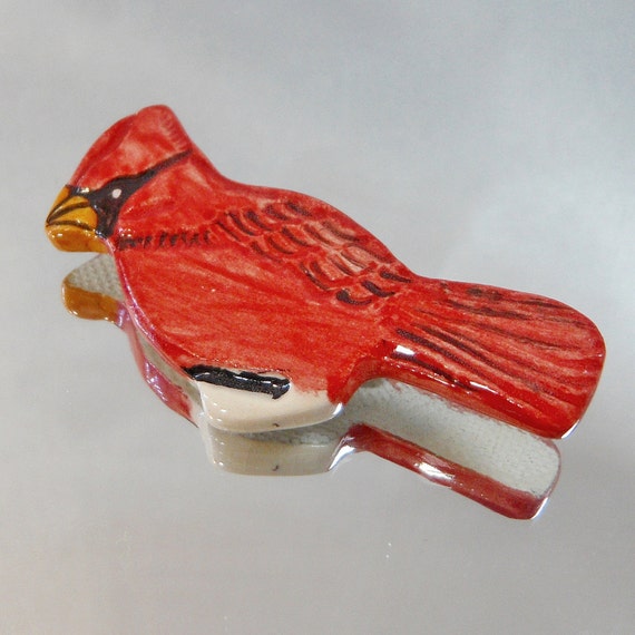 Vintage Cardinal Brooch Ceramic Porcelain Red Bird by waalaa