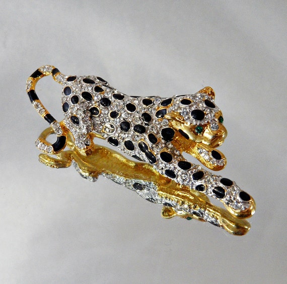 Vintage Leopard Brooch. Rhinestones. Black Spots. Panther.