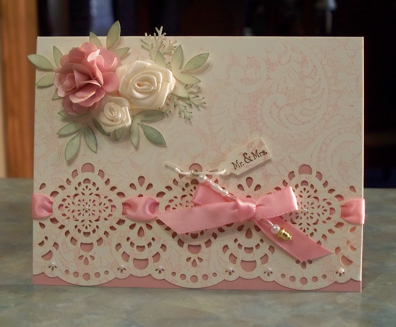 Handmade Wedding Card with Satin Ribbon Flowers